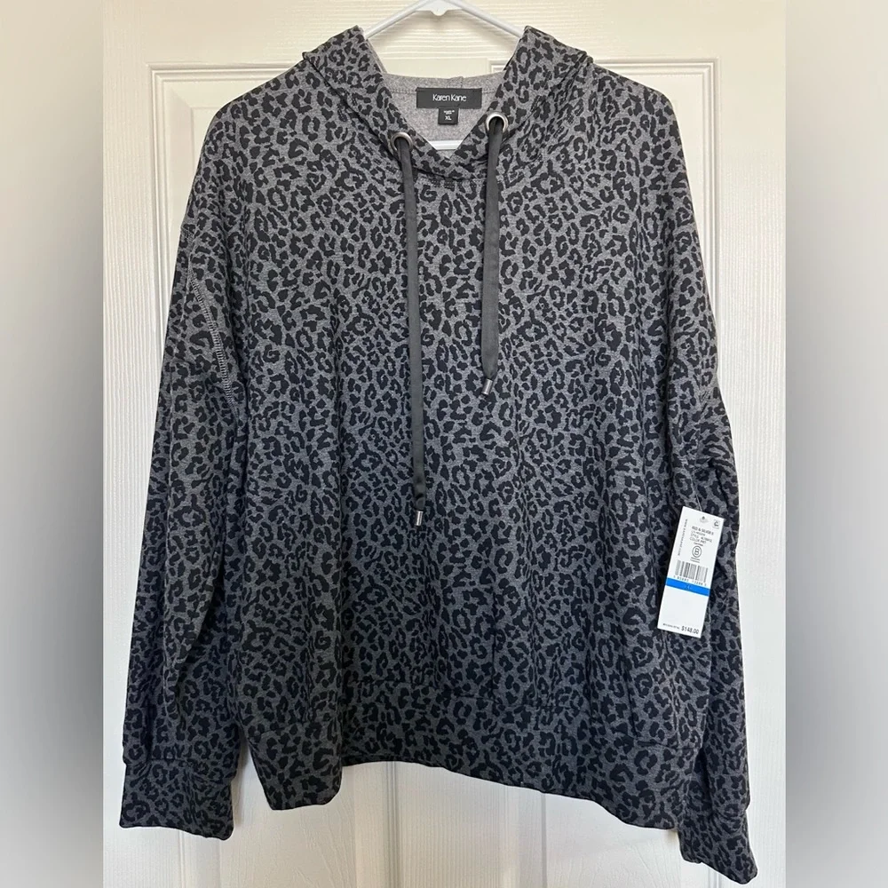 Karen Kane Leopard Print Long Sleeve Hoodie Black Gray Sz XL $148 NEW With Tags